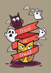Trick or Treat with owls Halloween poster Doodle style
