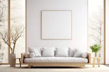 White minimalist living room interior with sofa on a wooden floor, decor on a large wall, white landscape in window. Home Nordic interior. Generative AI	
