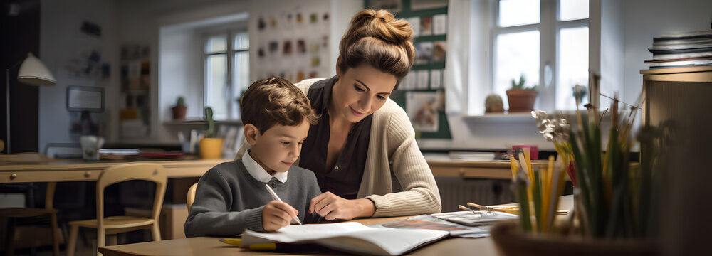 une professeure aide un &eacute;l&egrave;ve &agrave; faire ses devoirs dans une salle de classe