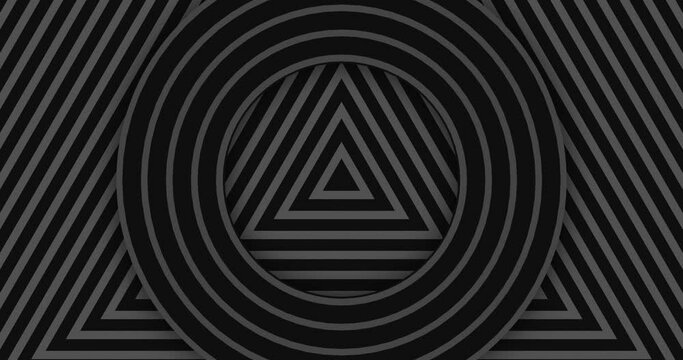 Seamless looped Abstract black color shape background. Growing triangles radiowave beneath a circular radiowave background. Flat animated hypnotic design motion graphics geometrical background.