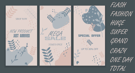 Set of three Sale banners (new product, mega sale, special offer). Three designs in pastel colors and words (flash, fashion, huge, super, grand, crazy, one day, total) on a grey background