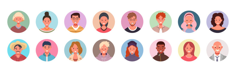 Collection of people avatars. User portraits in circles. Male and female human face icons. Smiling characters vector illustration. 
