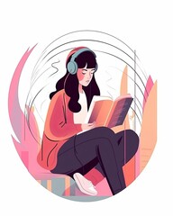 Flat vector illustration of a female character reading and listening to an audiobook