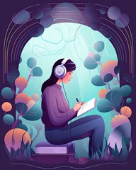 Flat vector illustration of a female character reading and listening to an audiobook
