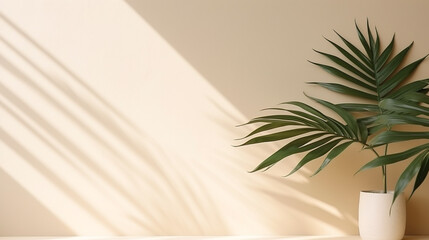 decorative tropical plant against the background of a light beige wall on a sunny day. Generative Ai