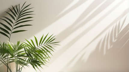 decorative palm tree against the background of a light beige wall with fancy shadows from the window on a sunny day. Generative Ai