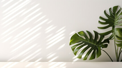 decorative tropical plants against the background of a white wall on which the sun's rays play. Generative Ai