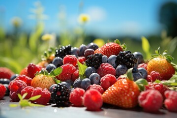 Mix of berries lying on the green grass and blue sky background