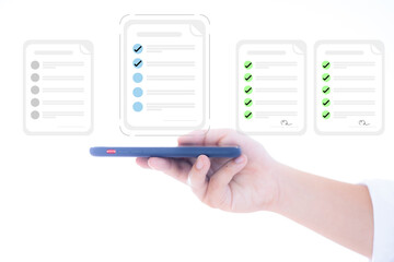 approval concept Online approval of various business projects Businessman hand holding smartphone...
