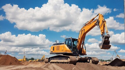 Fototapeta na wymiar Powerful excavator at a construction site against a blue cloudy sky earthmoving equipment.