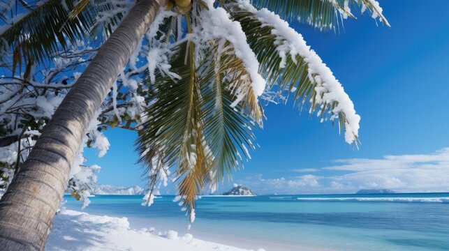Tropical palm trees in white snow on sand beach against the blue sky. Christmas winter tale. Global climate change.