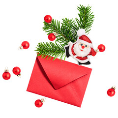 Christmas card, envelope, santa claus and deco. PNG with transparent background. Flat lay. Without...