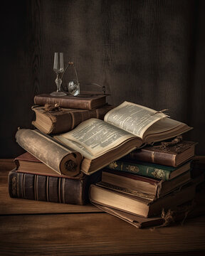 Old shabby books on a table on a wooden background with various accessories
