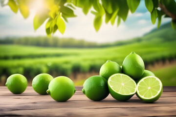 Fresh limes on wooden table in blurred nature background.