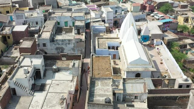 Aerial view of Shri Raas Bihari Temple during the Holy colour festival in Barsana, Uttar Pradesh, India.