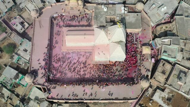 Aerial view of Shri Raas Bihari Temple during the Holy colour festival in Barsana, Uttar Pradesh, India.