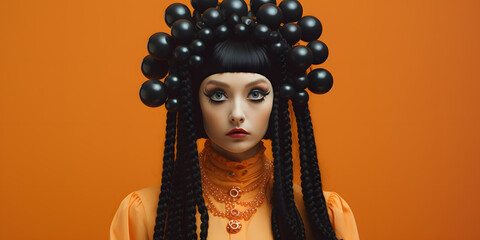 Naklejka na ściany i meble Beautiful model girl on the fashion costume party with creative black pearls hairstyle braids and make-up, on the orange background