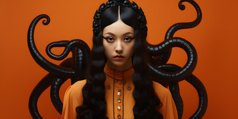 Beautiful model girl on the Halloween costume party with creative black octopus hairstyle braids and make-up, on the orange background