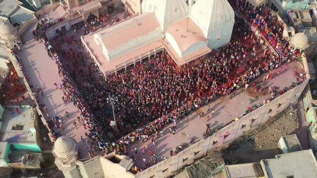 Aerial view of Shri Raas Bihari Temple during the Holy colour festival in Barsana, Uttar Pradesh, India.