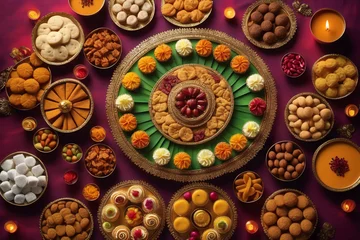Fotobehang A table filled with a variety of delicious Diwali sweets and snacks, inviting one to indulge © Zen