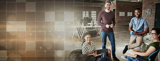 Banner, portrait and business people in an office for a meeting, group planning or discussion....