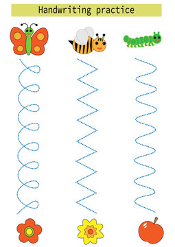 Tracing lines for kids insects butterfly bee caterpillar handwriting practice development for kids. EPS10 vector
