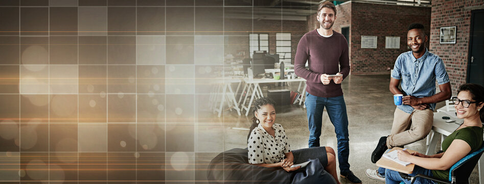 Banner, portrait and business people in an office for a meeting, group planning or discussion. Happy, teamwork and about us of a group of employees at a company for a collaboration or opportunity