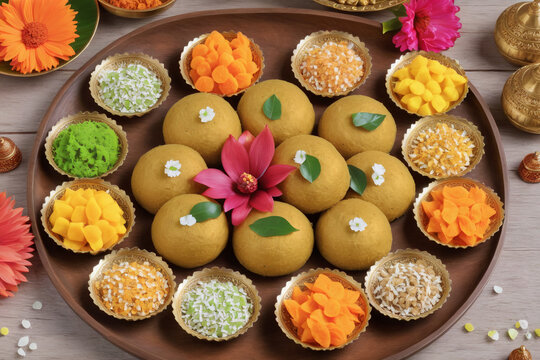 A plate full of traditional Diwali sweets like ladoos, kaju katli, and jalebis
