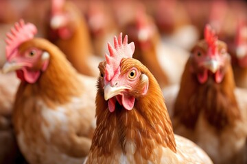 Chickens or hen on traditional poultry farm for meat and eggs