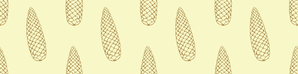 Vector seamless pattern with fir spruce cone in doodle style. Nature forest background and texture, isolated