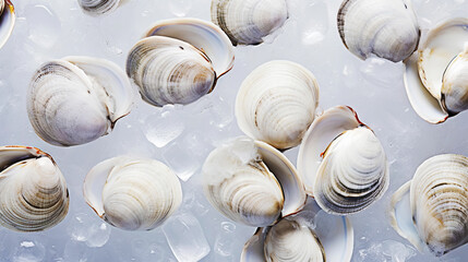 Top view on fresh clams in ice cubes. Sea food background. Generative AI