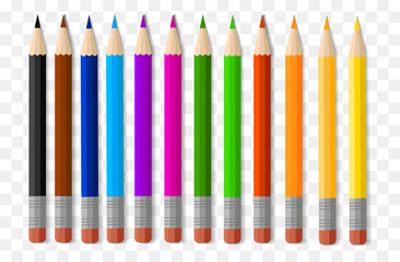 A set of colored pencils, 12 colors. School goods, school supplies, stationery on a transparent background in eps10 format. Back to school