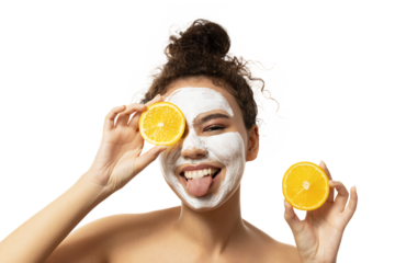 PNG,attractive girl with cream on her face and oranges in her hands, isolated on white background