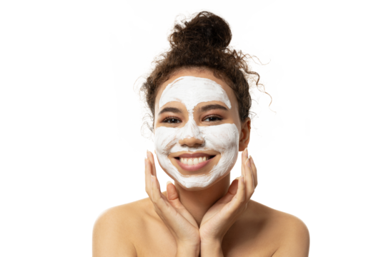 PNG,attractive girl with cream on her facet, isolated on white background