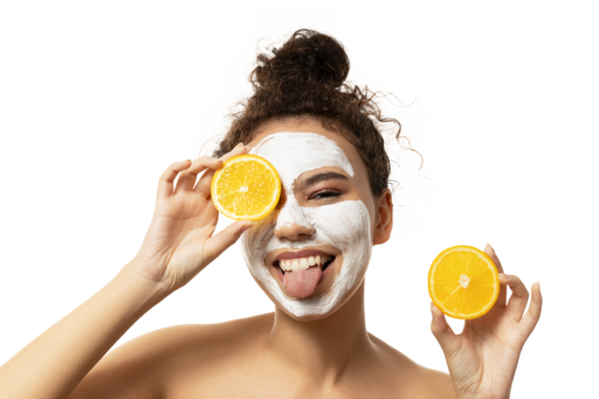 PNG,attractive girl with cream on her face and oranges in her hands, isolated on white background