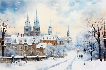 Fototapeta na wymiar A whimsical winter scene captures the enchanting skylines of European cities in a stunning watercolor painting 