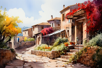 Fototapeta na wymiar Vibrant watercolor depiction of a quaint Mediterranean village nestled amidst the rich hues of autumn 