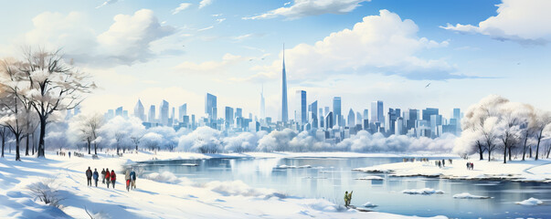 A stunning watercolor painting portraying a snow-covered skyline of an Asian megacity with a serene background and ample space for text  - obrazy, fototapety, plakaty