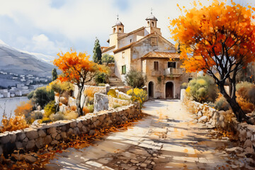 A vibrant watercolor painting of a charming Mediterranean village nestled among golden autumnal trees celebrating the bounties of the season 