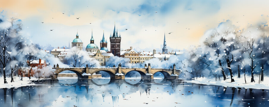 Captivating winter vistas of European cities painted in delicate watercolors blending the serenity of snow with architectural beauty 