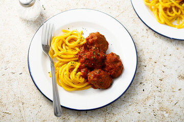 Spaghetti with meatballs and tomato sauce