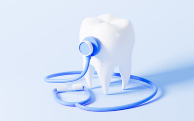 Cartoon stethoscope and tooth in the blue background, 3d rendering.