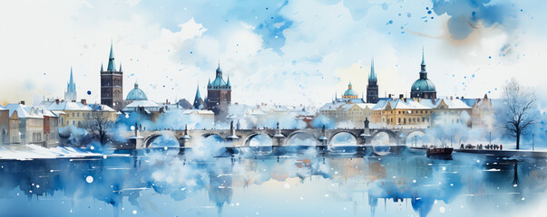 A snowy watercolor painting of Pragues skyline with a serene background and empty space for text  - obrazy, fototapety, plakaty