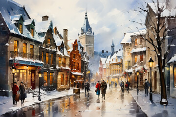 Naklejka na ściany i meble A vibrant watercolor painting capturing the charm of Quebec City in winter with snow-covered streets and historic architecture 