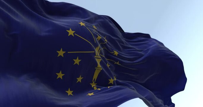 Close-up of Indiana state flag waving in the wind on a clear day