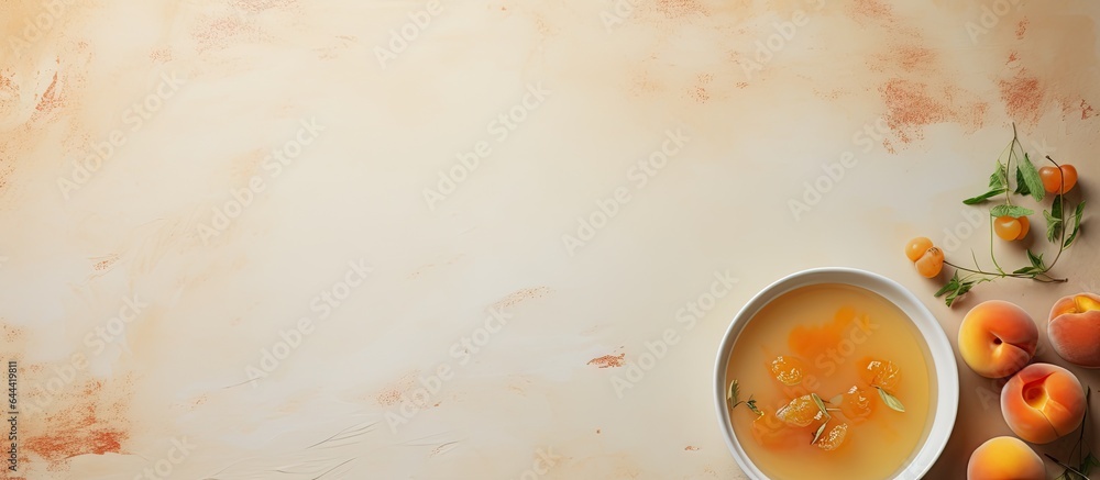 Poster on the table there is a white plate with fresh cheese seeds and a tasty apricot jam isolated pastel 