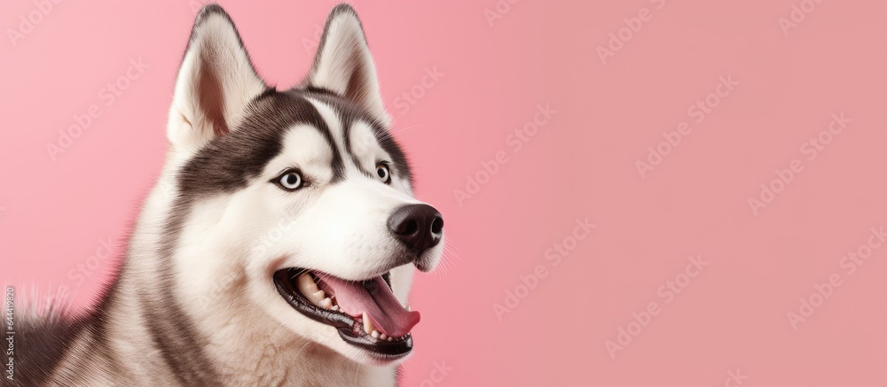 Poster smiling siberian husky dog in a studio portrait with isolated pastel background copy space
