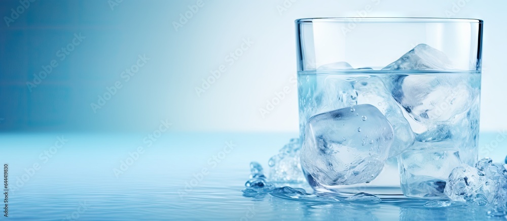 Aufkleber water and ice in a cup ice on a black marble background with lens bokeh and light isolated pastel ba