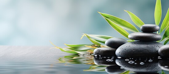 Zen stones and plants with water droplets isolated pastel background Copy space