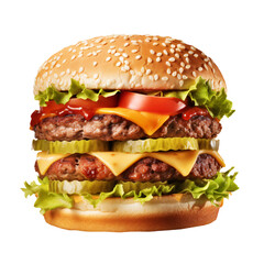 burger with several meat patties cheese lettuce and tomato 